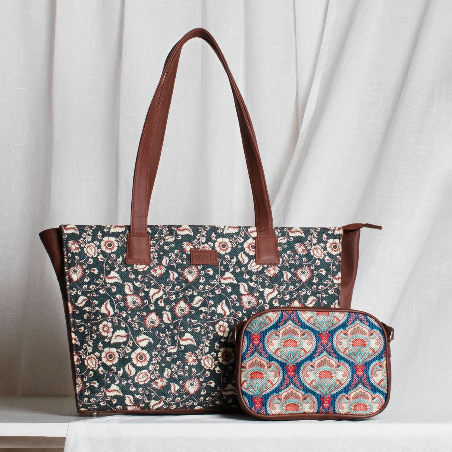 Chittoor Blue Kalamkari & Kovil Blue - Office Tote Bag & Sling Bag Combo