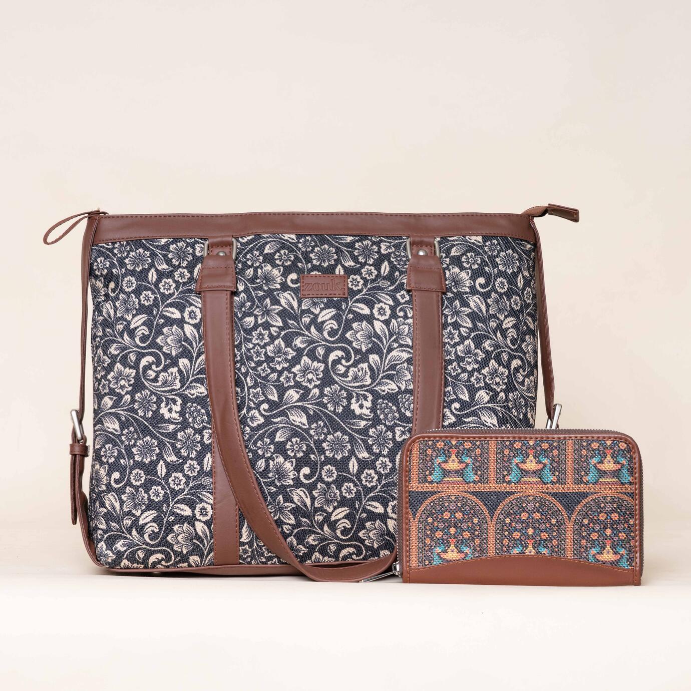 FloMotif and Royal Indian Peacock Motif - Office Bag & Chain Wallet Combo