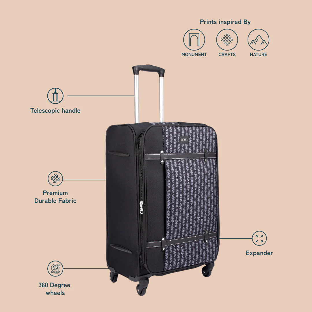 Hyderabad Ikat Saira Trolley Bag - Black (Cabin) - Image 3
