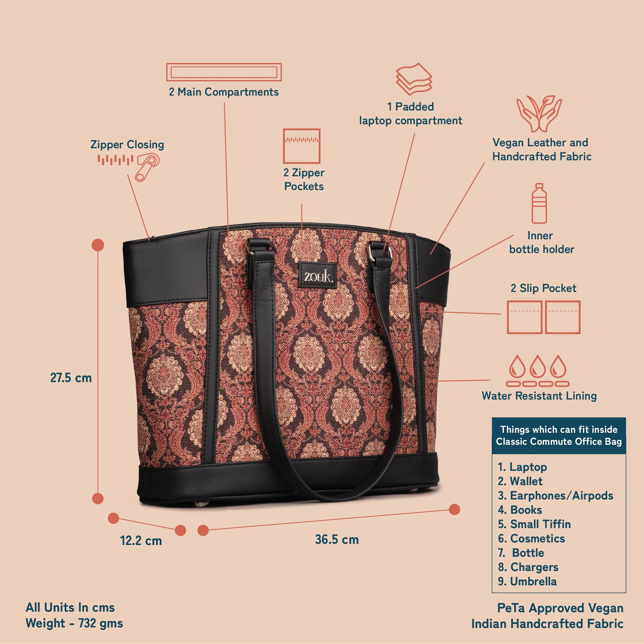 Jodhpur Damask Classic Commute Office Bag - Image 5