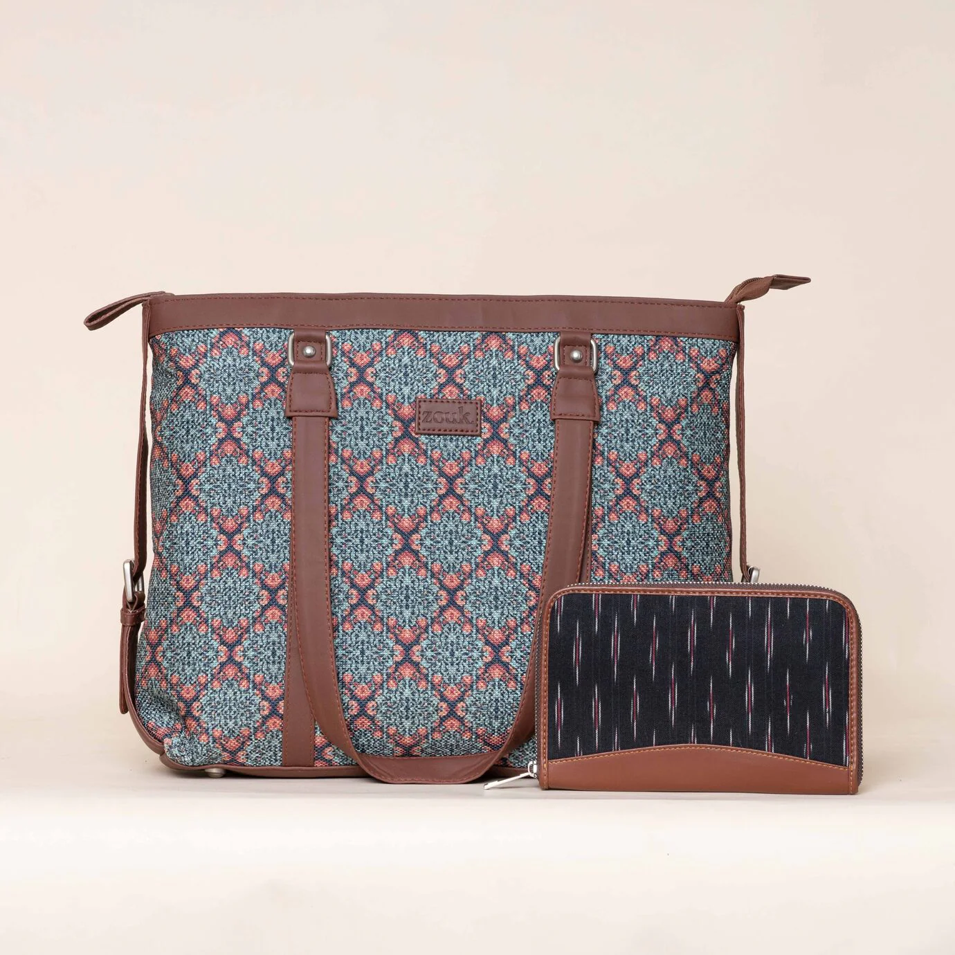 Kolkata Nouveau and Ikat GreRed - Office Bag & Chain Wallet Combo