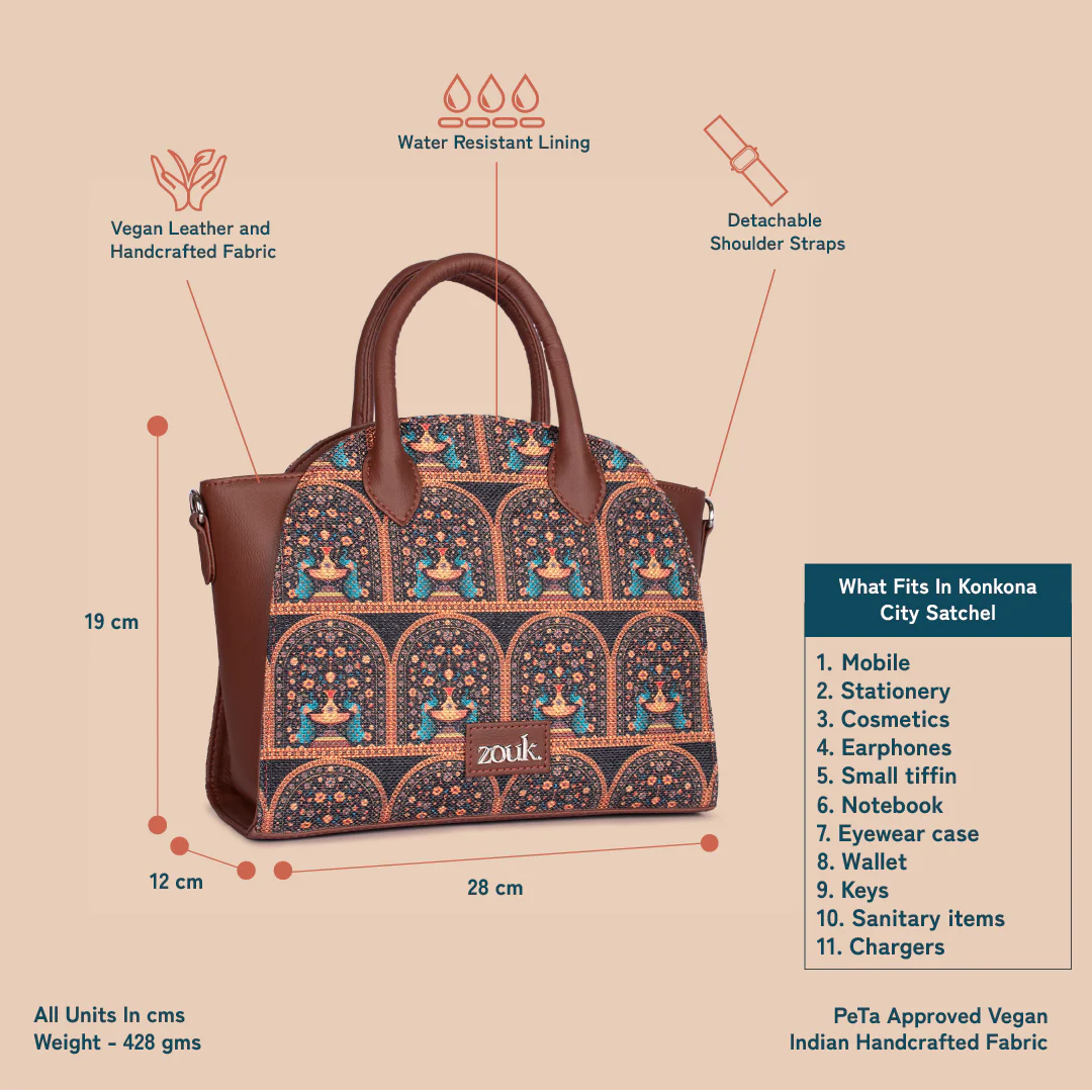 Konkona City Satchel Bag - Royal Indian Peacock Motif - Image 5