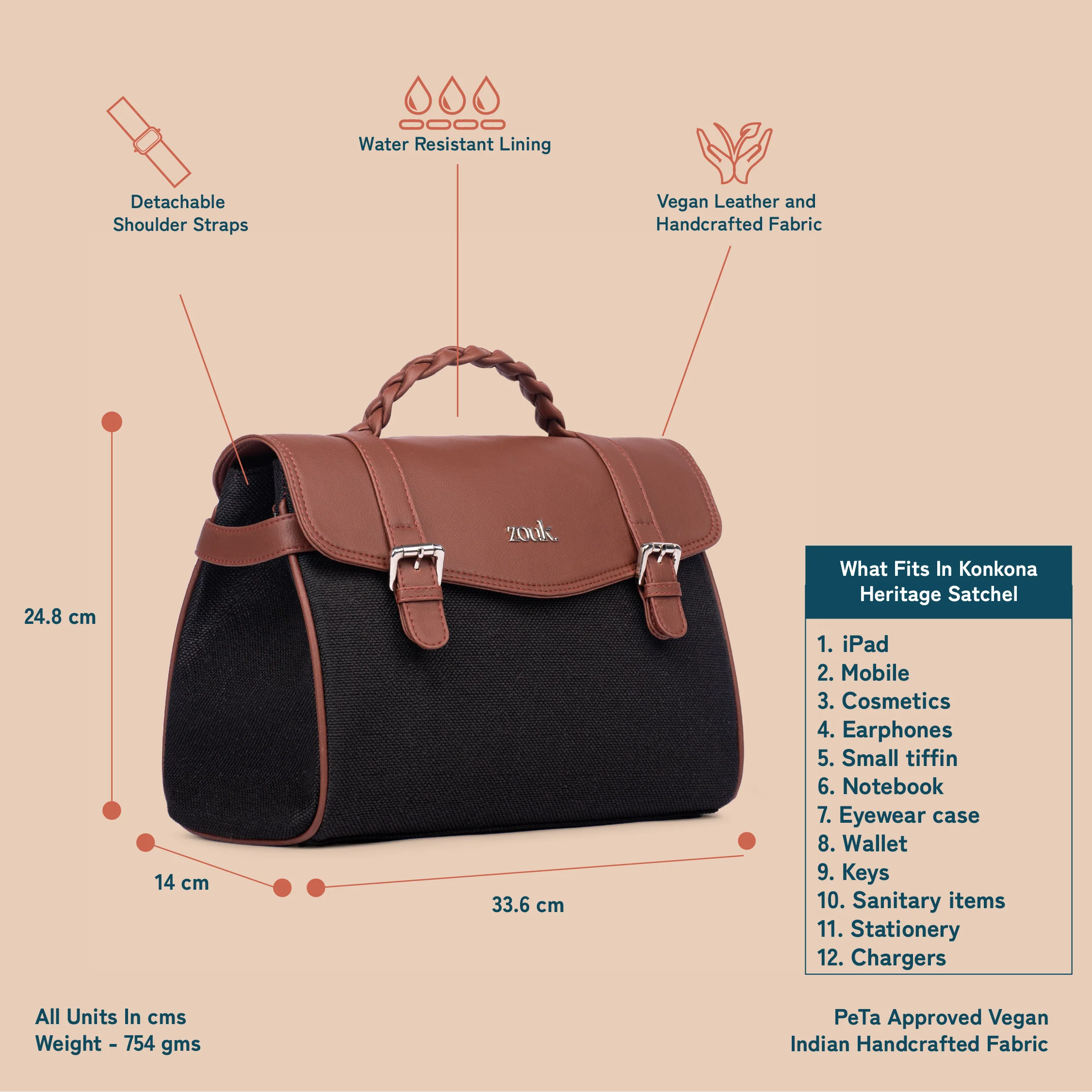 Konkona Heritage Satchel Bag - Jet Black - Image 3