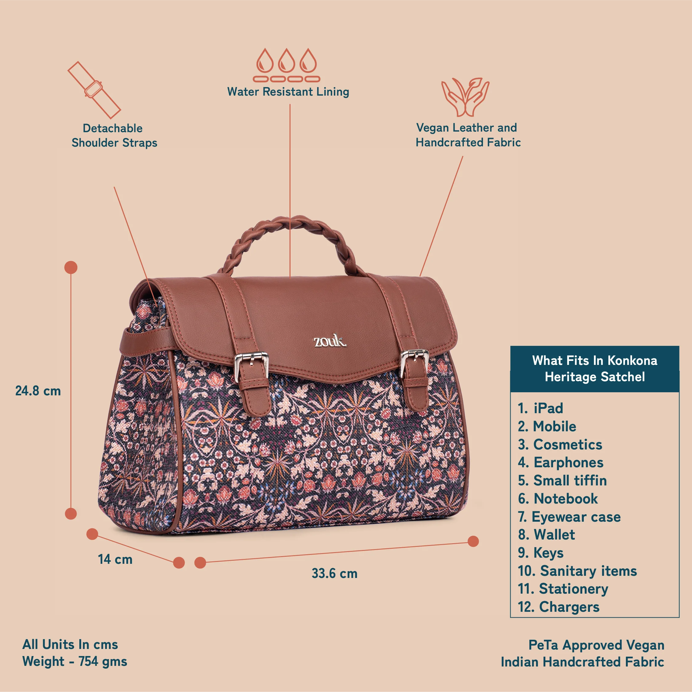 Konkona Heritage Satchel Bag - Kashmir Blooms - Image 3