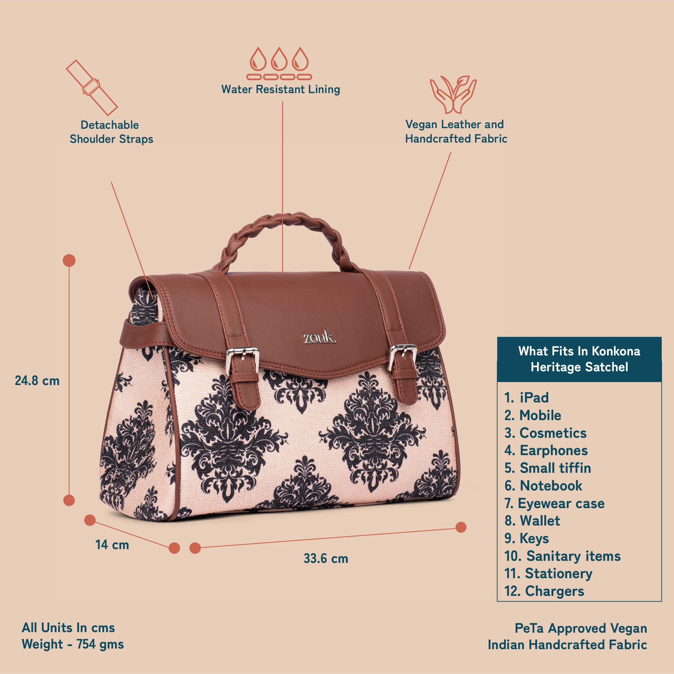 Konkona Heritage Satchel Bag - Mughal Motif - Image 3