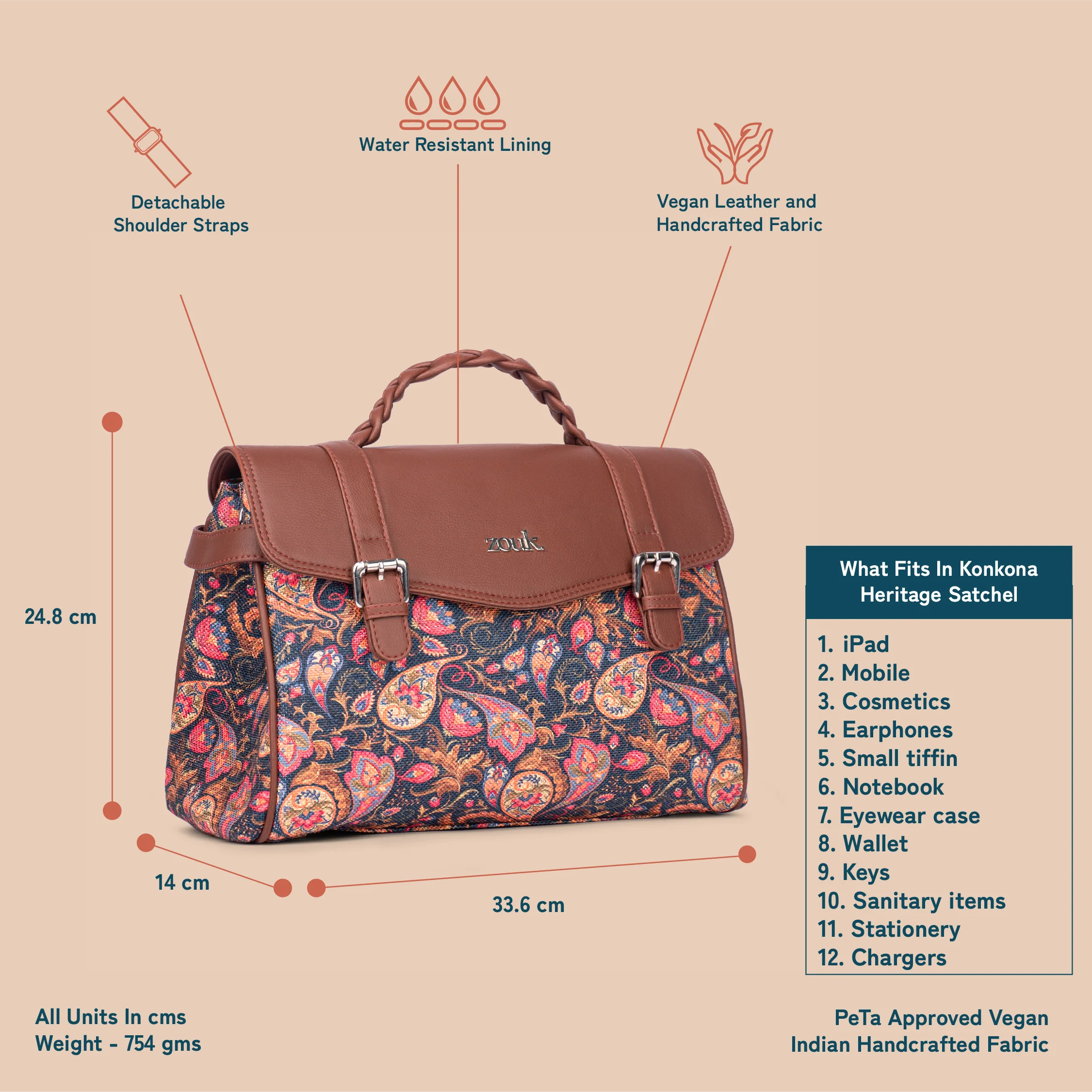 Konkona Heritage Satchel Bag - Paisley Print - Image 4
