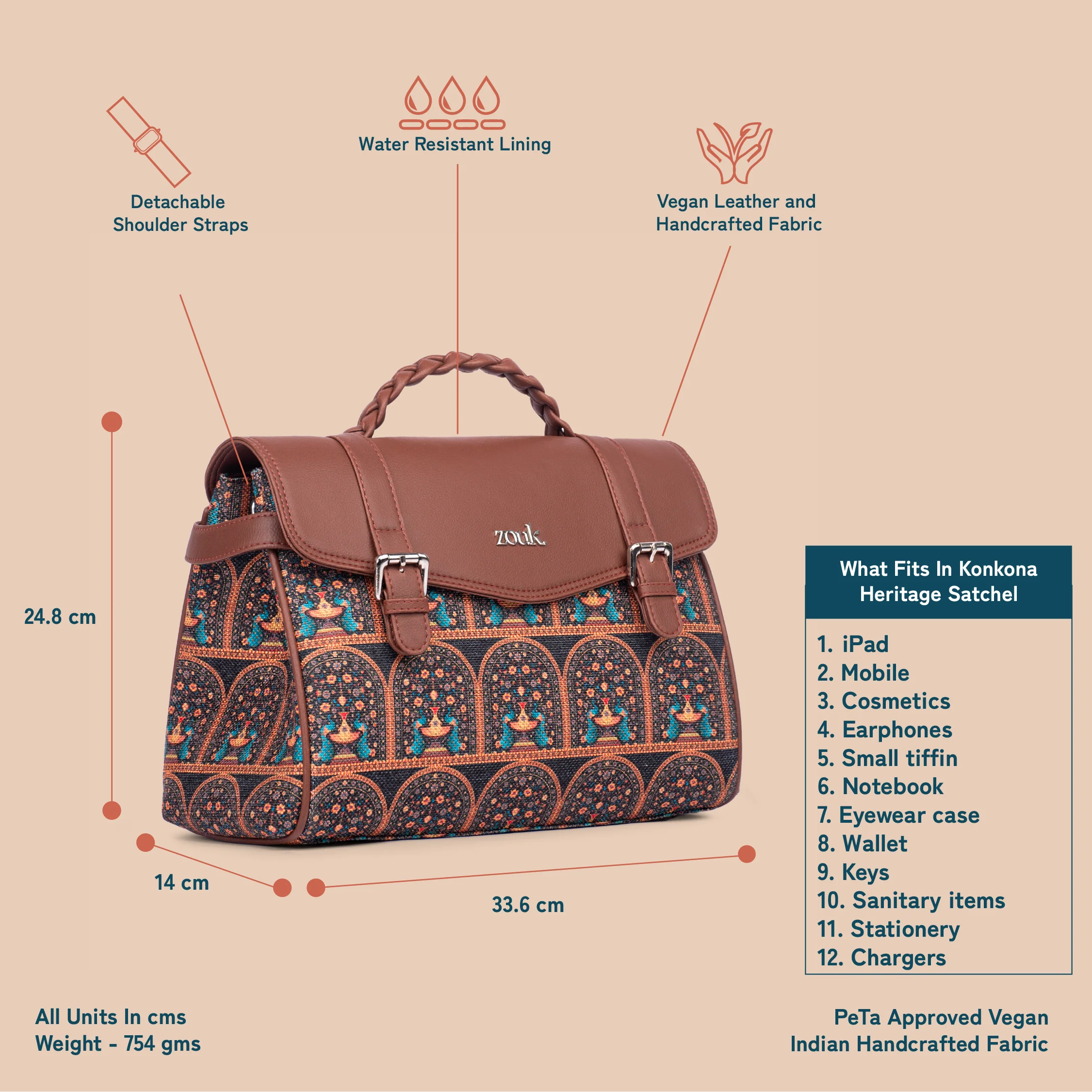 Konkona Heritage Satchel Bag - Royal Indian Peacock Motif - Image 4