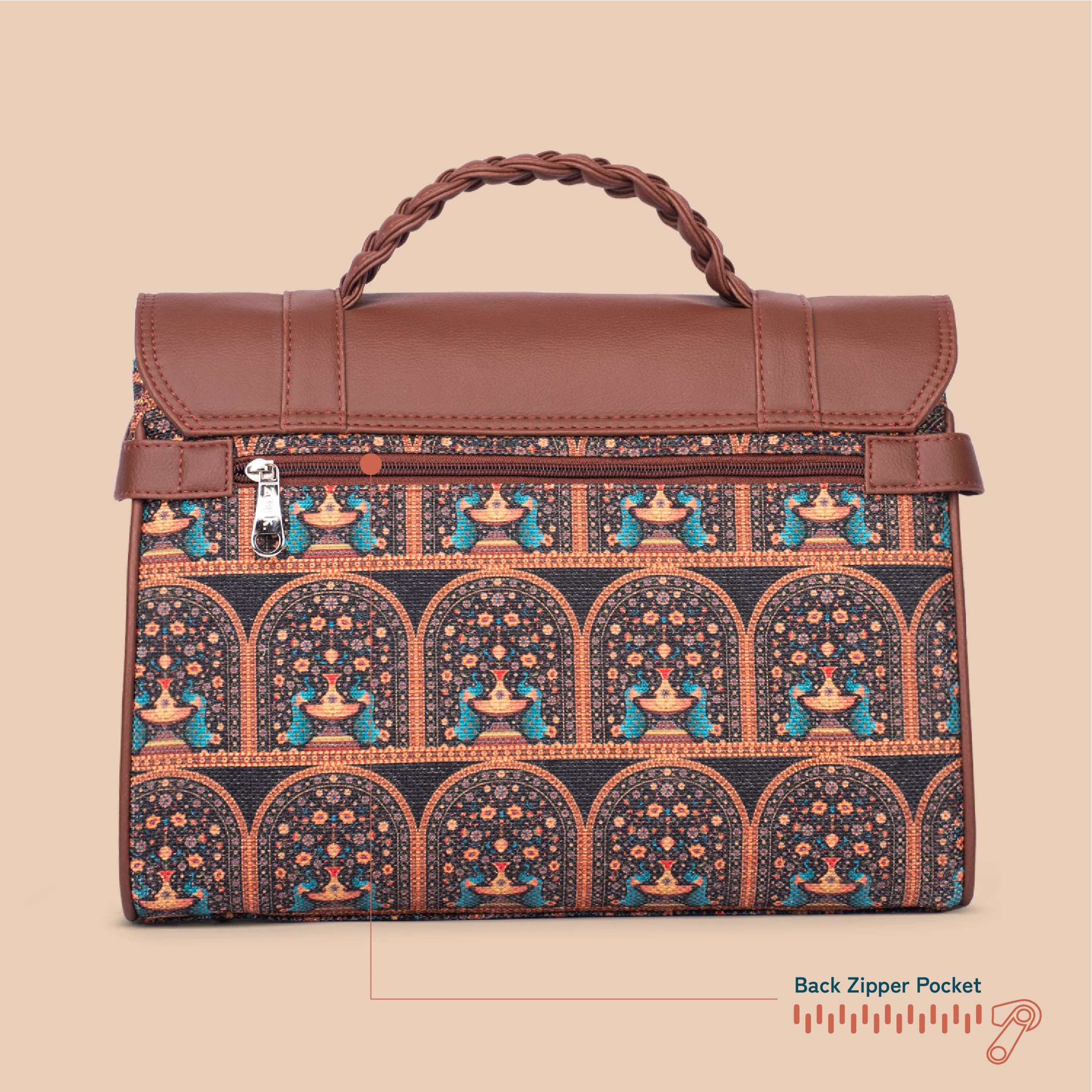 Konkona Heritage Satchel Bag - Royal Indian Peacock Motif - Image 5