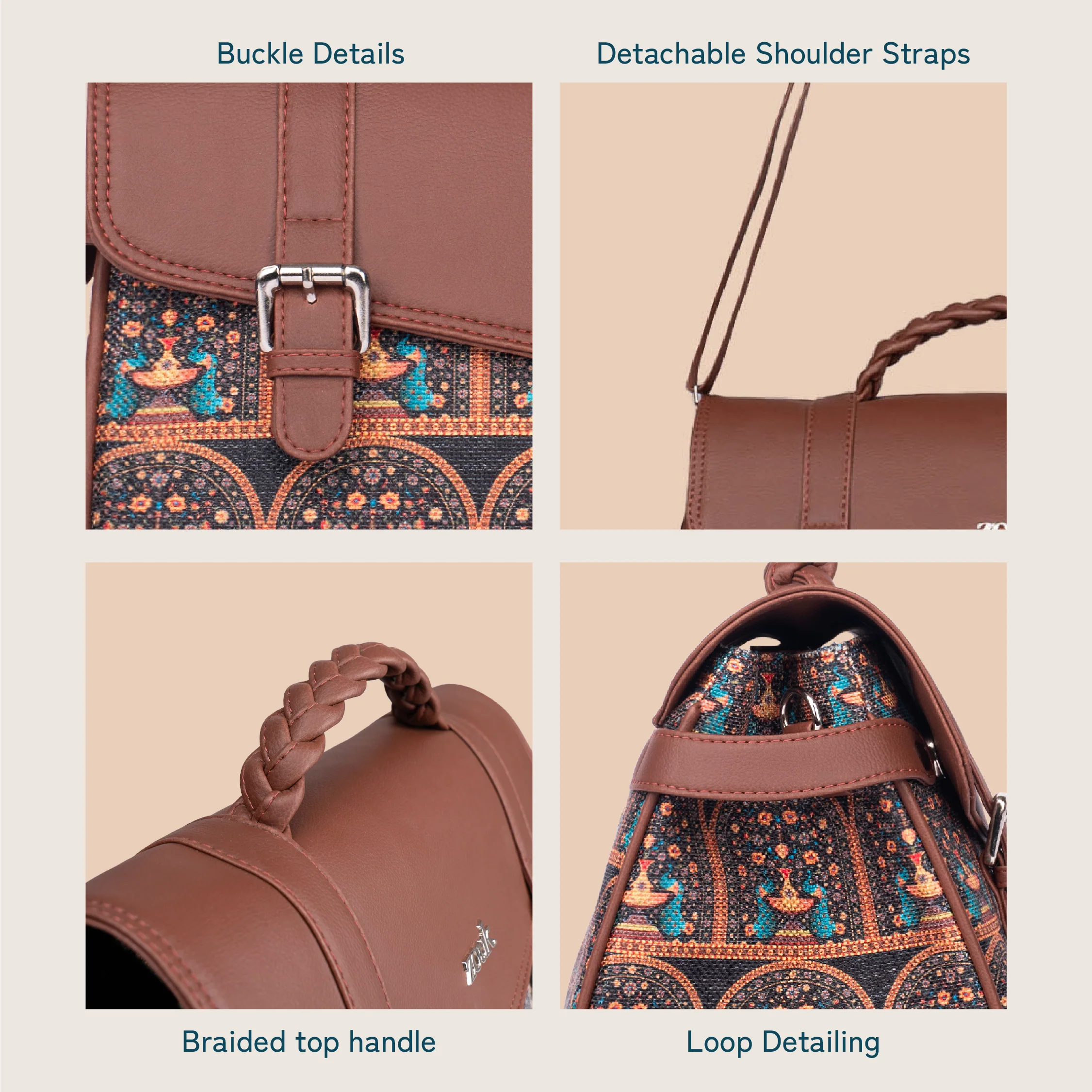 Konkona Heritage Satchel Bag - Royal Indian Peacock Motif - Image 8