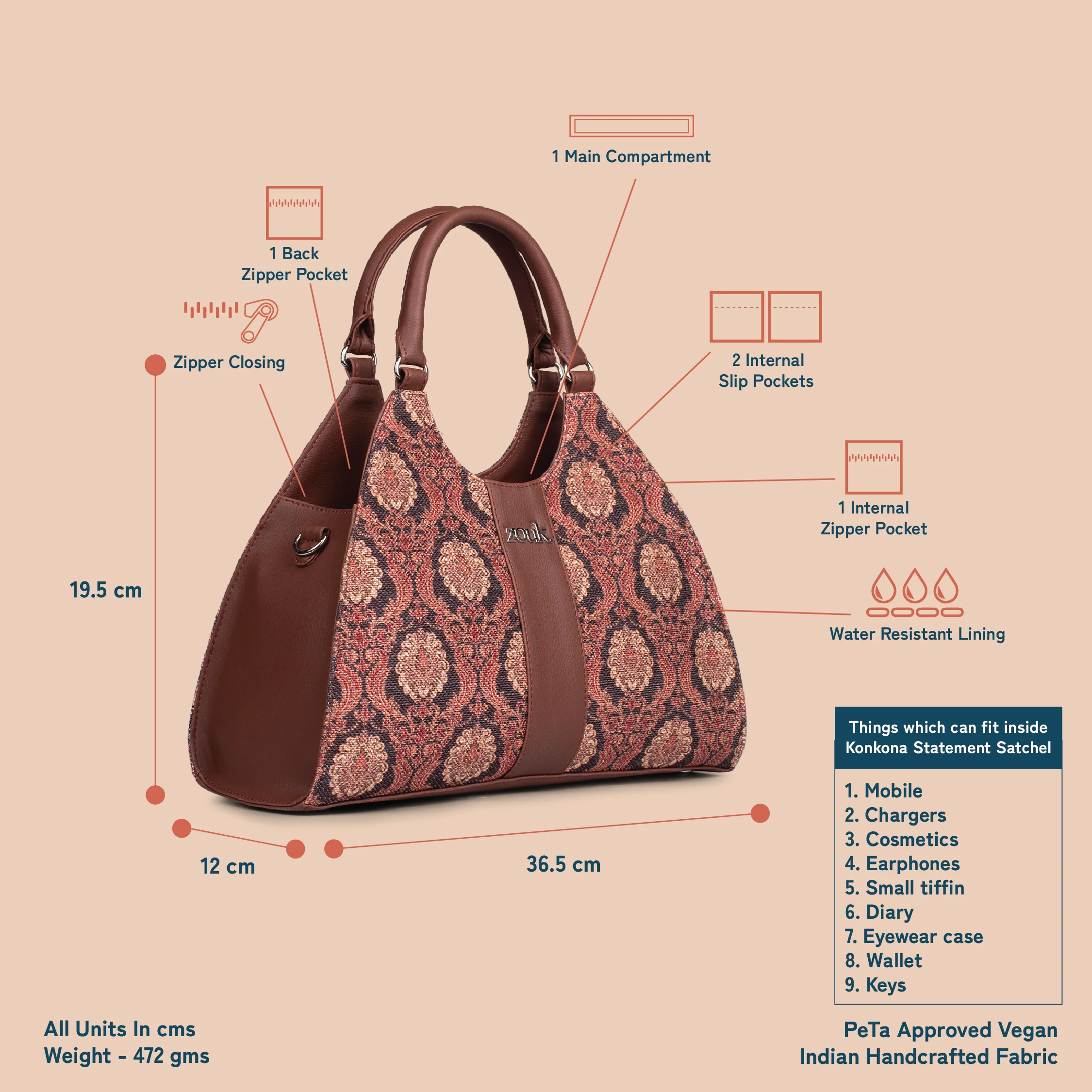 Konkona Statement Satchel Bag - Jodhpur Damask - Image 5