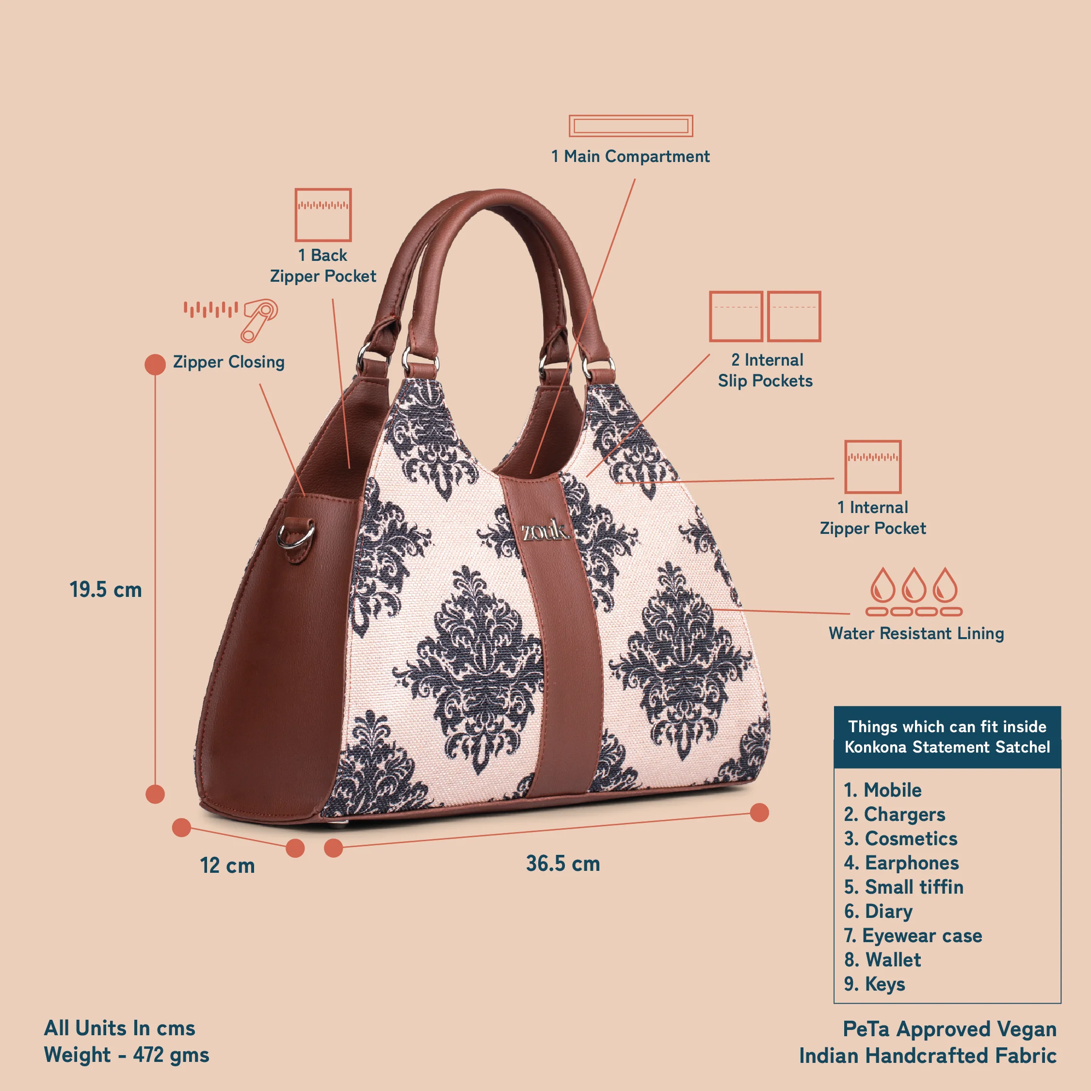 Konkona Statement Satchel Bag - Mughal Motif - Image 5