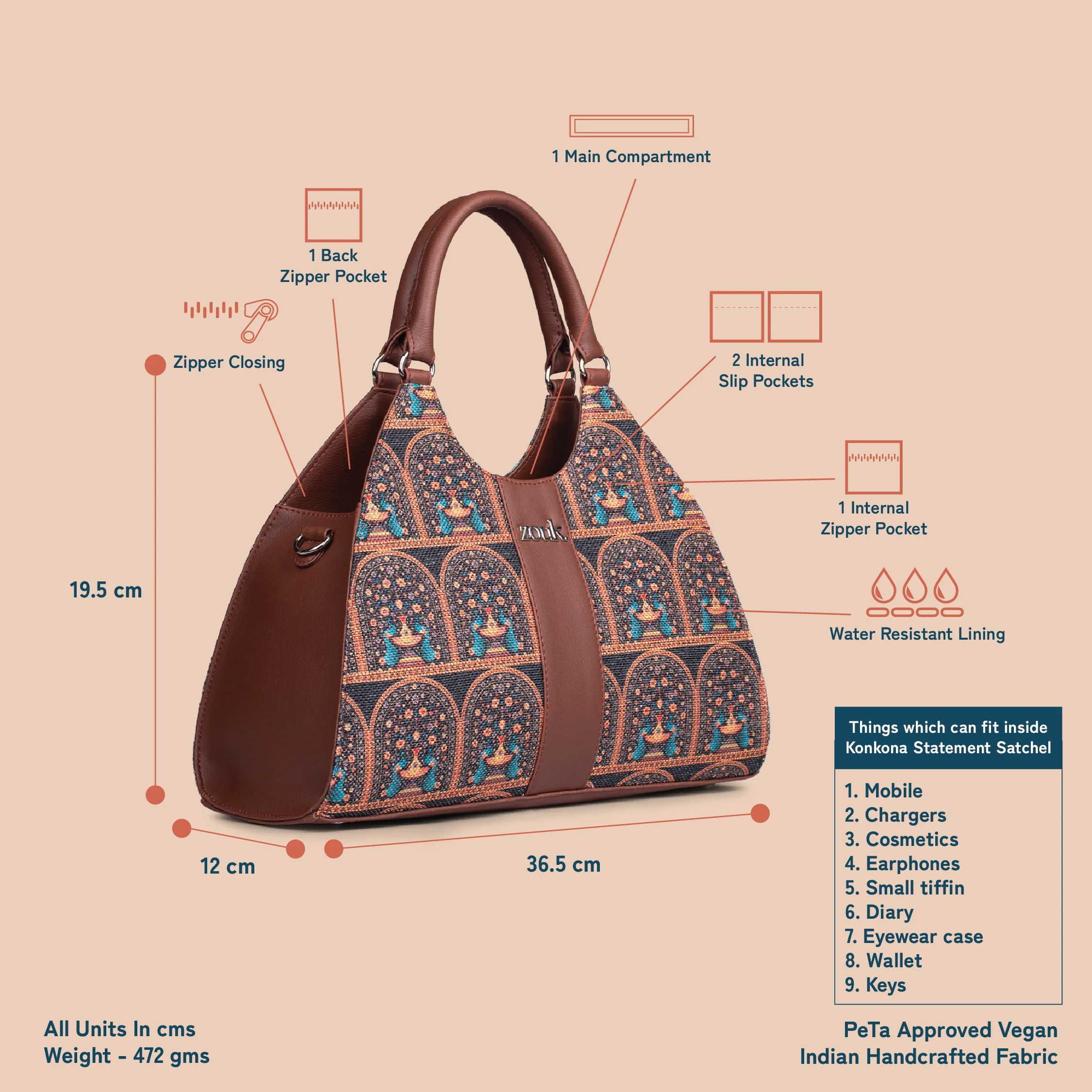 Konkona Statement Satchel Bag - Royal Indian Peacock Motif - Image 5