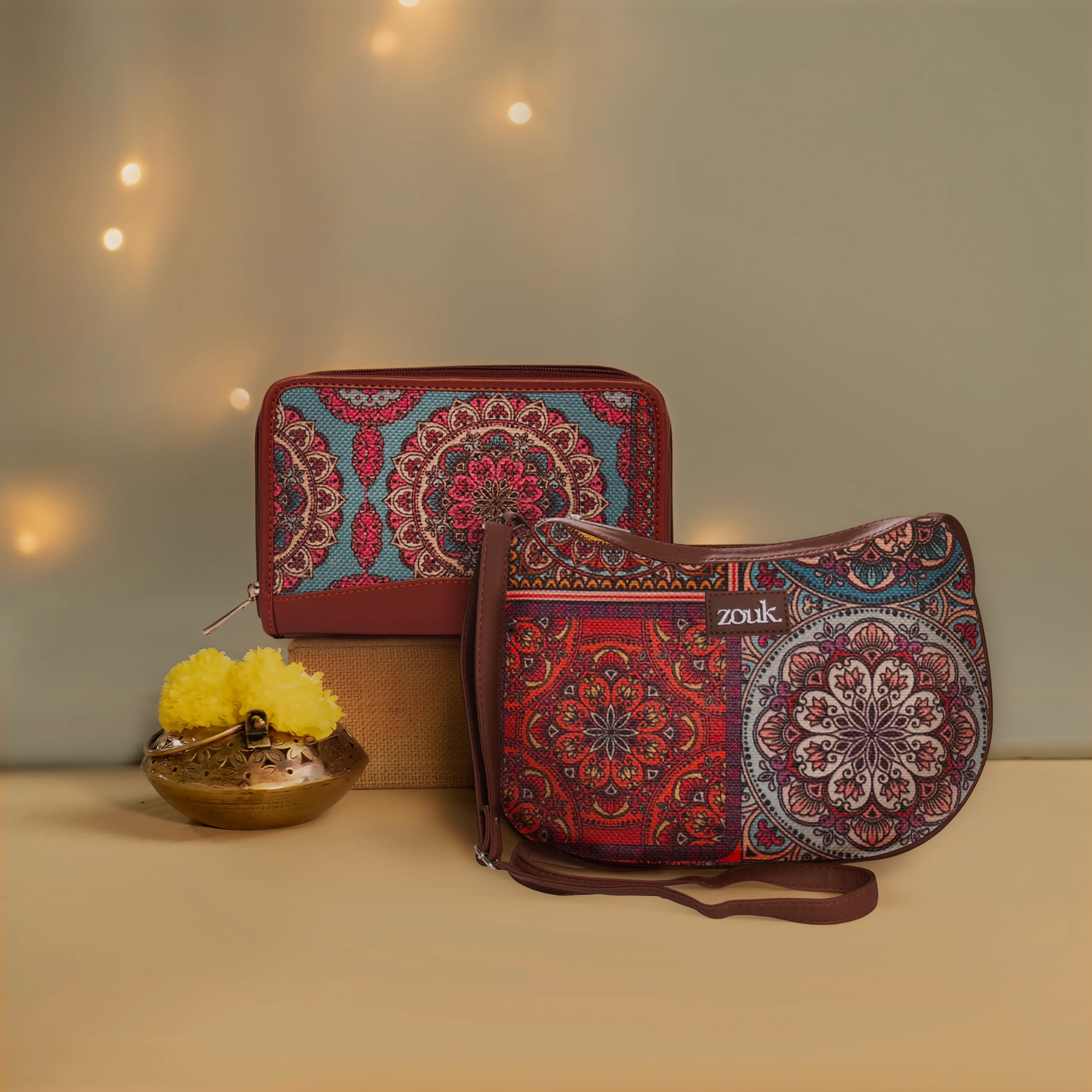 Multicolor Mandala Print Structured Shoulder Bag and Chain Wallet Combo - Image 8