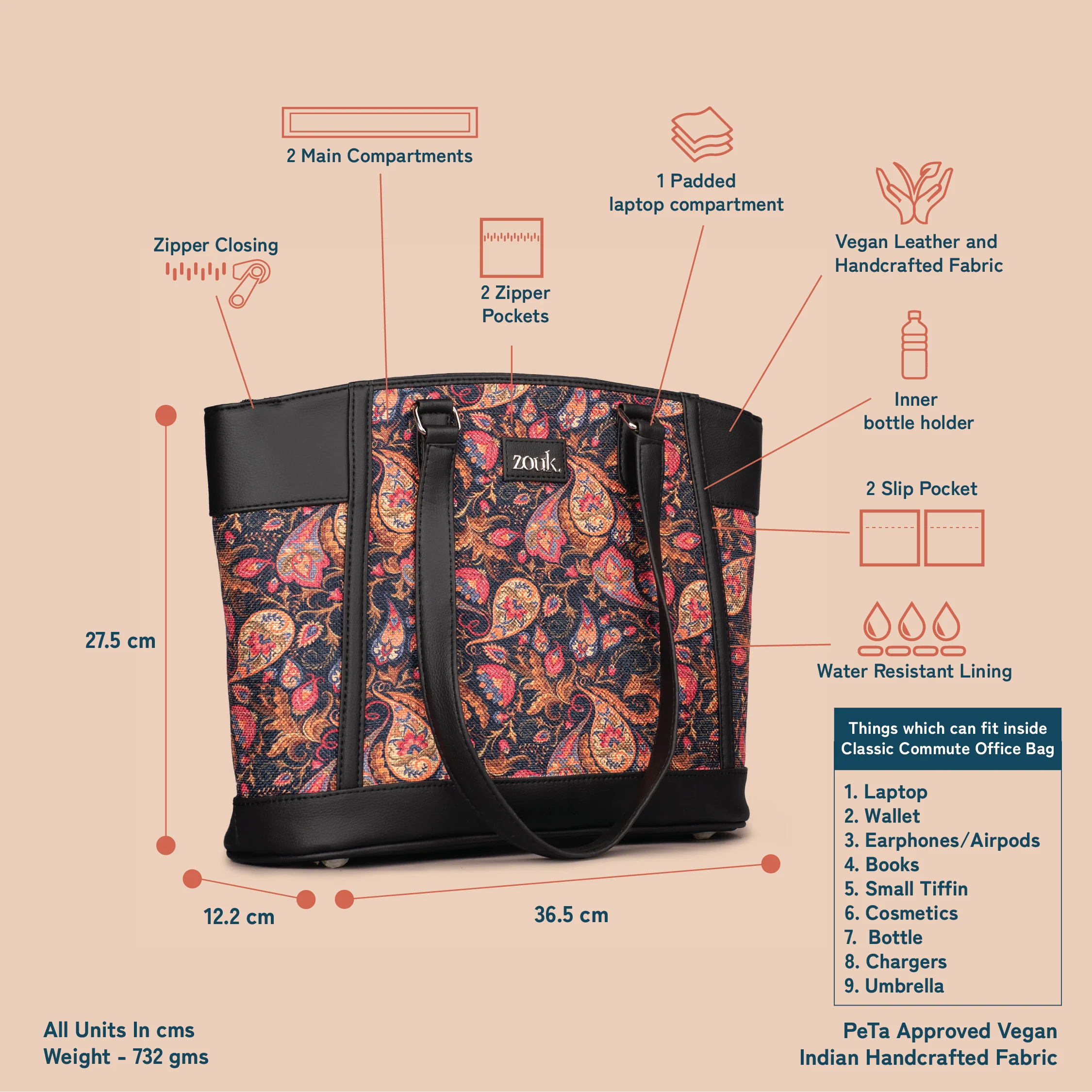 Paisley Print Classic Commute Office Bag - Image 5