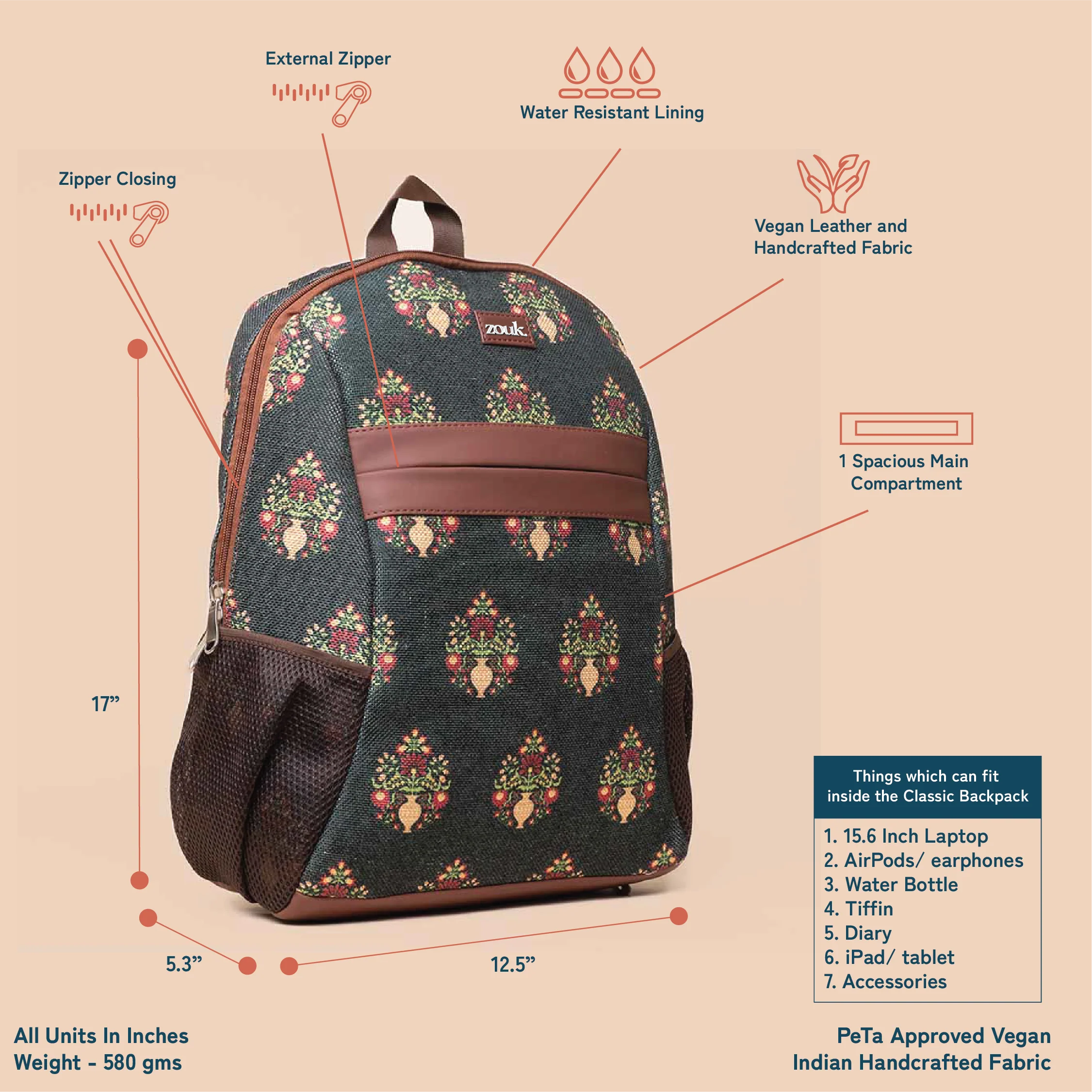 Royal Green Mogra Print Classic Backpack - Image 3