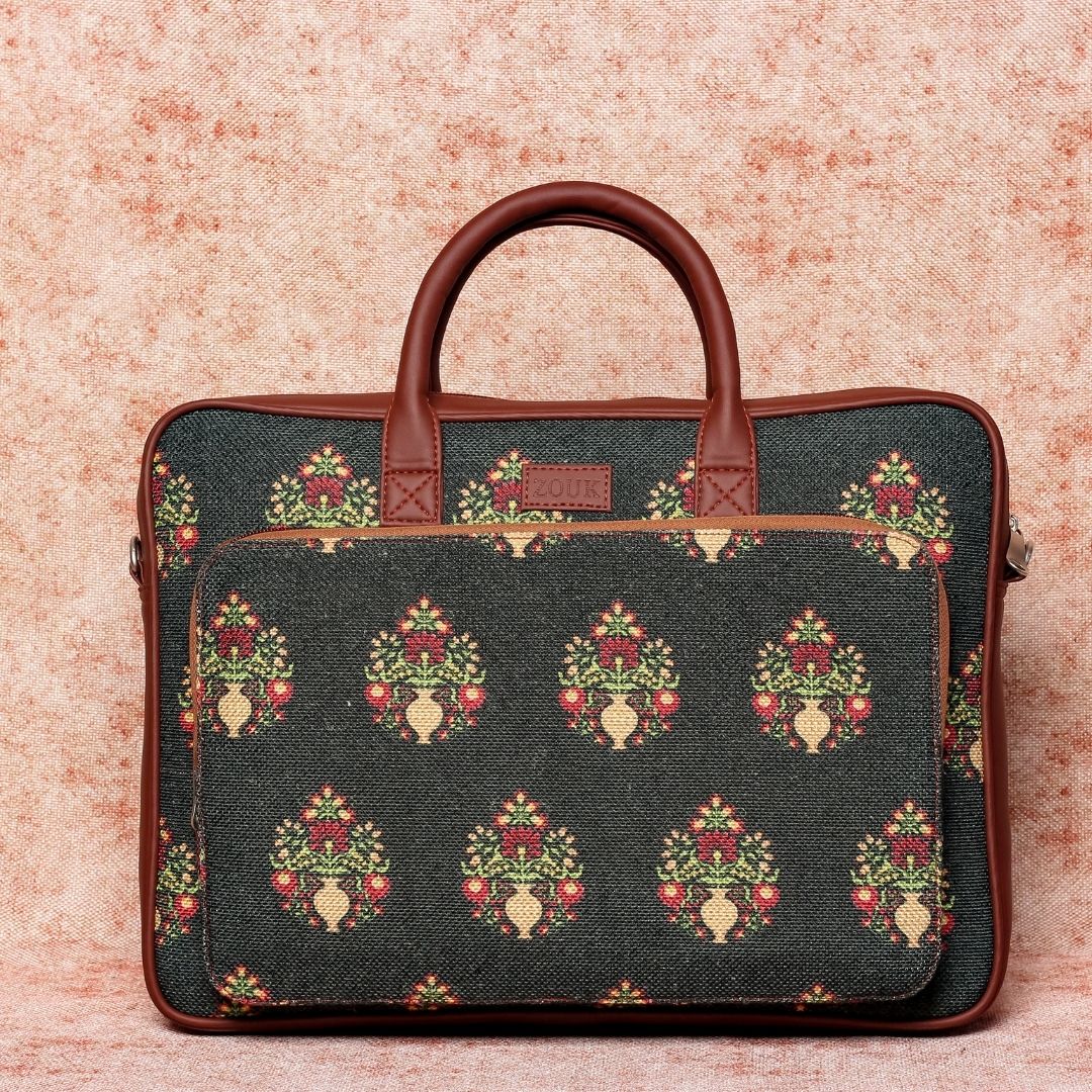 Royal Green Mogra Print Laptop Bag - Image 2