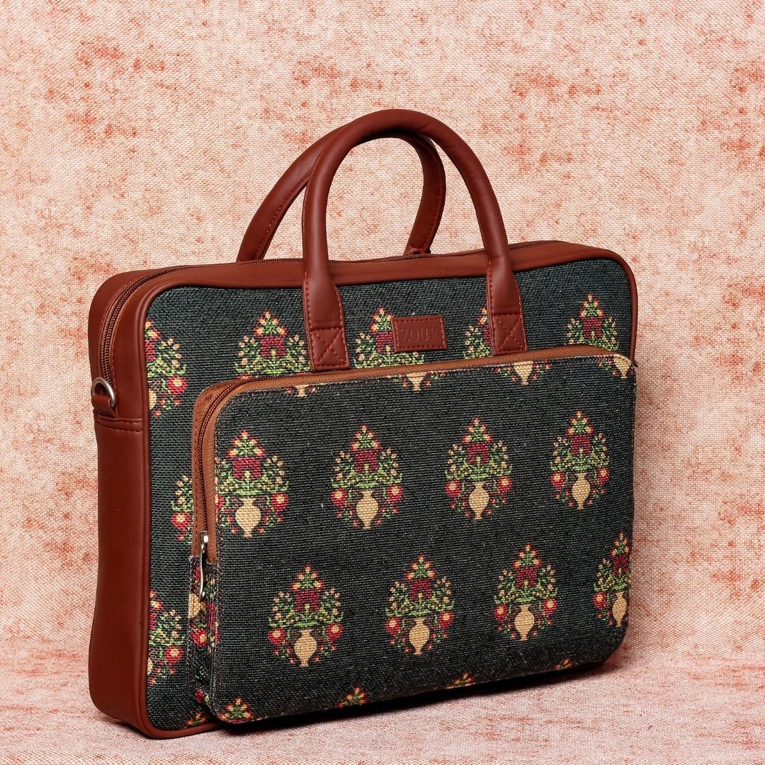 Royal Green Mogra Print Laptop Bag - Image 4