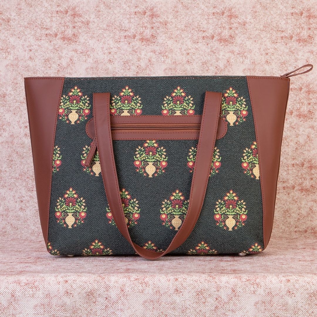 Royal Green Mogra Print Side Tote Bag - Image 2