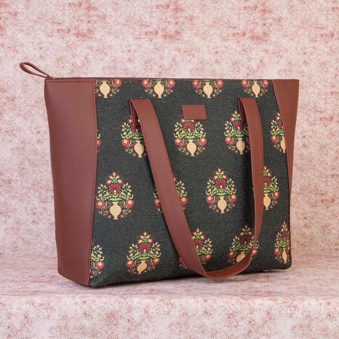 Royal Green Mogra Print Side Tote Bag - Image 3