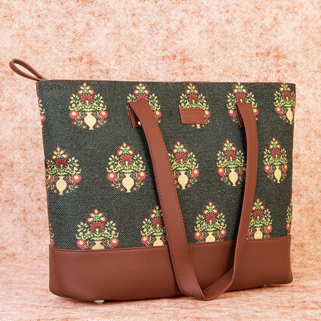 Royal Green Mogra Print Shoulder Tote Bag - Image 2