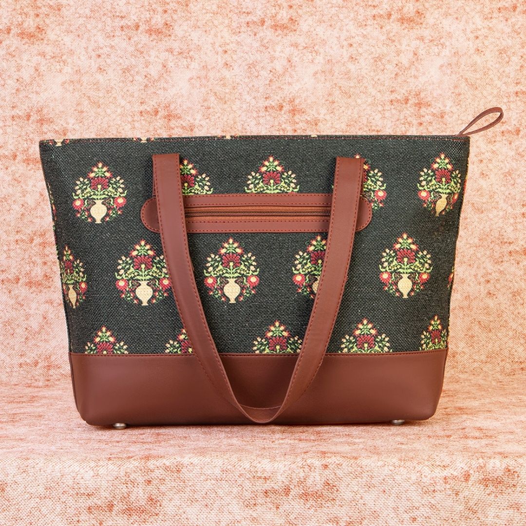 Royal Green Mogra Print Shoulder Tote Bag - Image 3