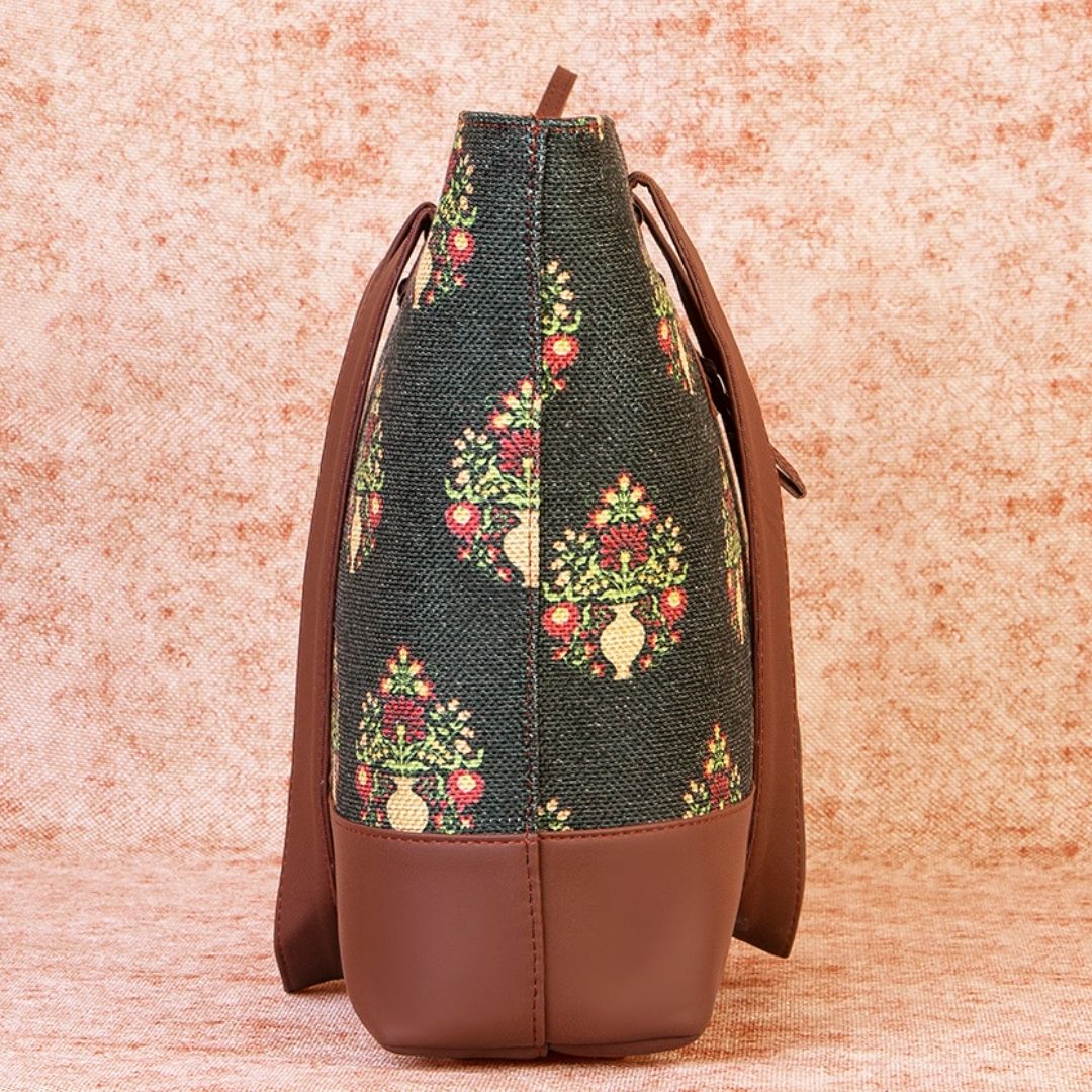 Royal Green Mogra Print Shoulder Tote Bag - Image 5