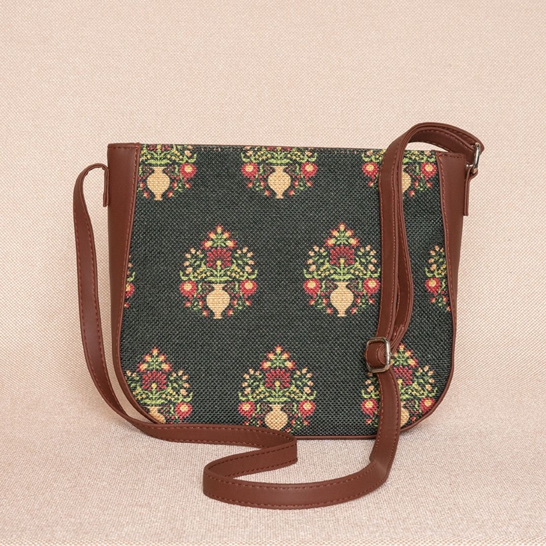Royal Green Mogra Print U-Shaped Sling Bag - Image 3