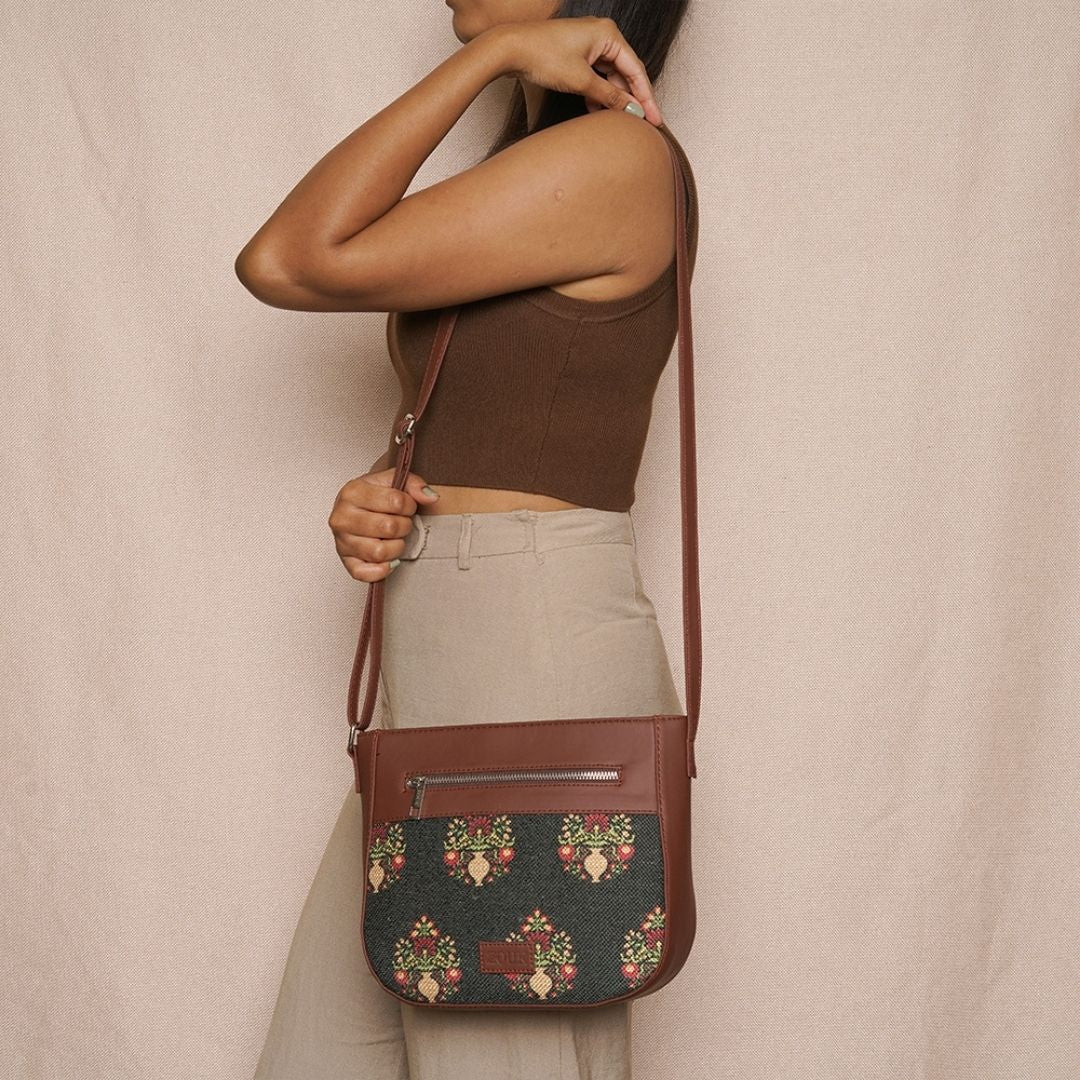 Royal Green Mogra Print U-Shaped Sling Bag - Image 8