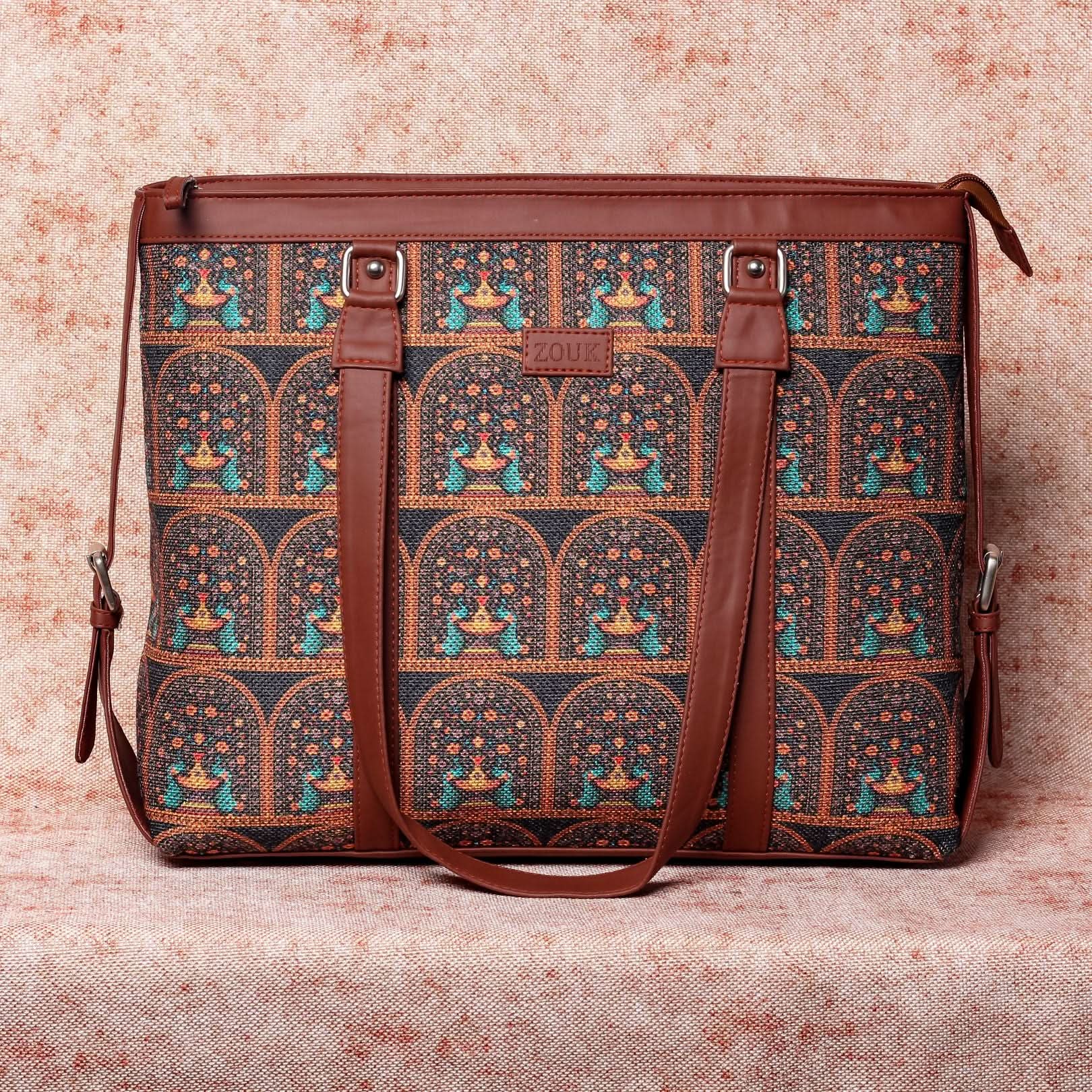 Royal Indian Peacock Motif & Ikat GreRed - Women's Office Bag & Chain Wallet Combo - Image 2