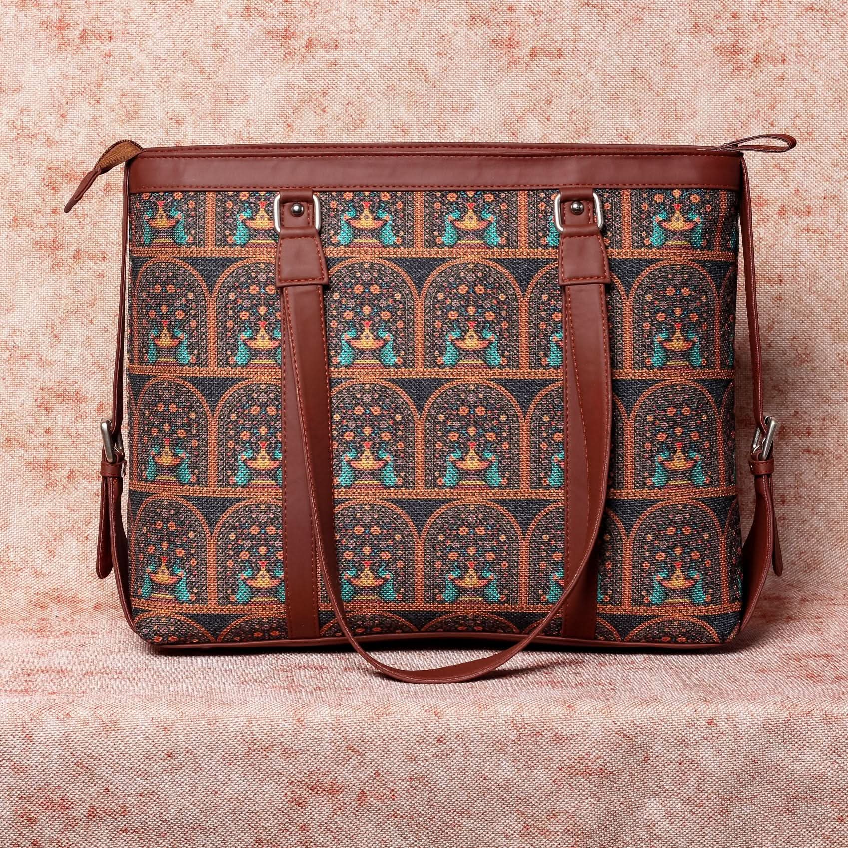 Royal Indian Peacock Motif & Ikat GreRed - Women's Office Bag & Chain Wallet Combo - Image 3