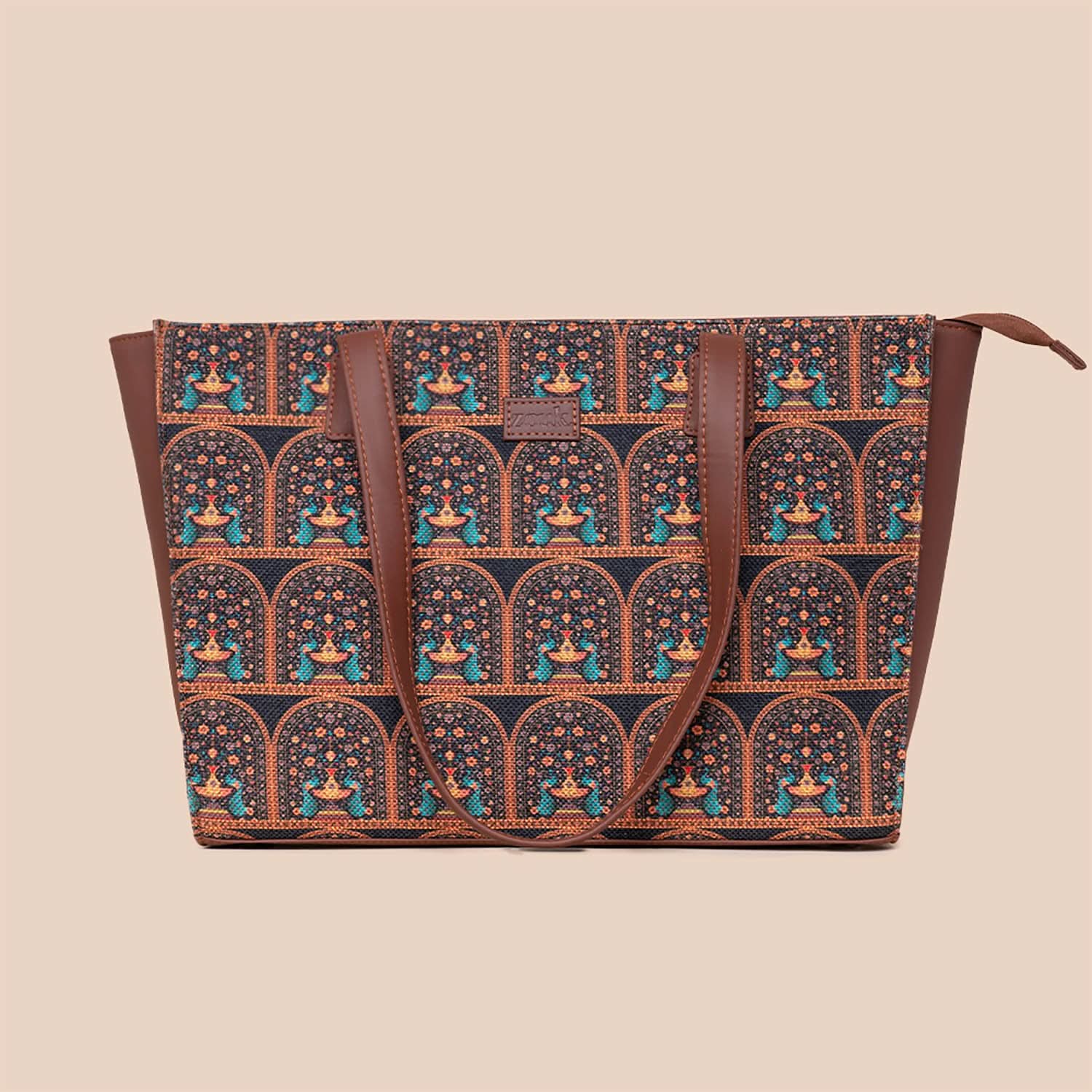 Royal Indian Peacock Motif & Kovil Blue - Office Tote Bag & Classic Zipper Wallet Combo - Image 2