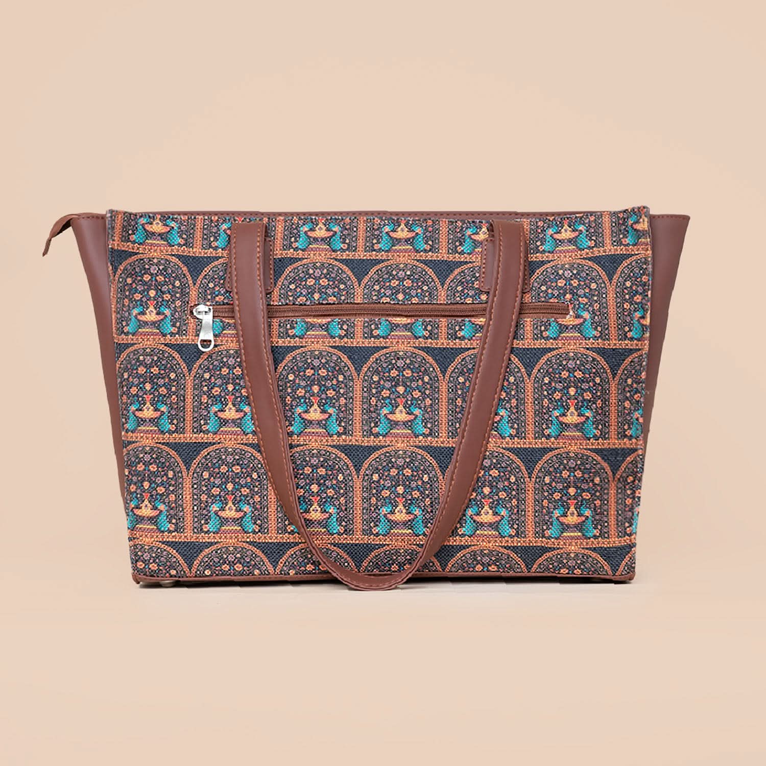 Royal Indian Peacock Motif & Kovil Blue - Office Tote Bag & Classic Zipper Wallet Combo - Image 3