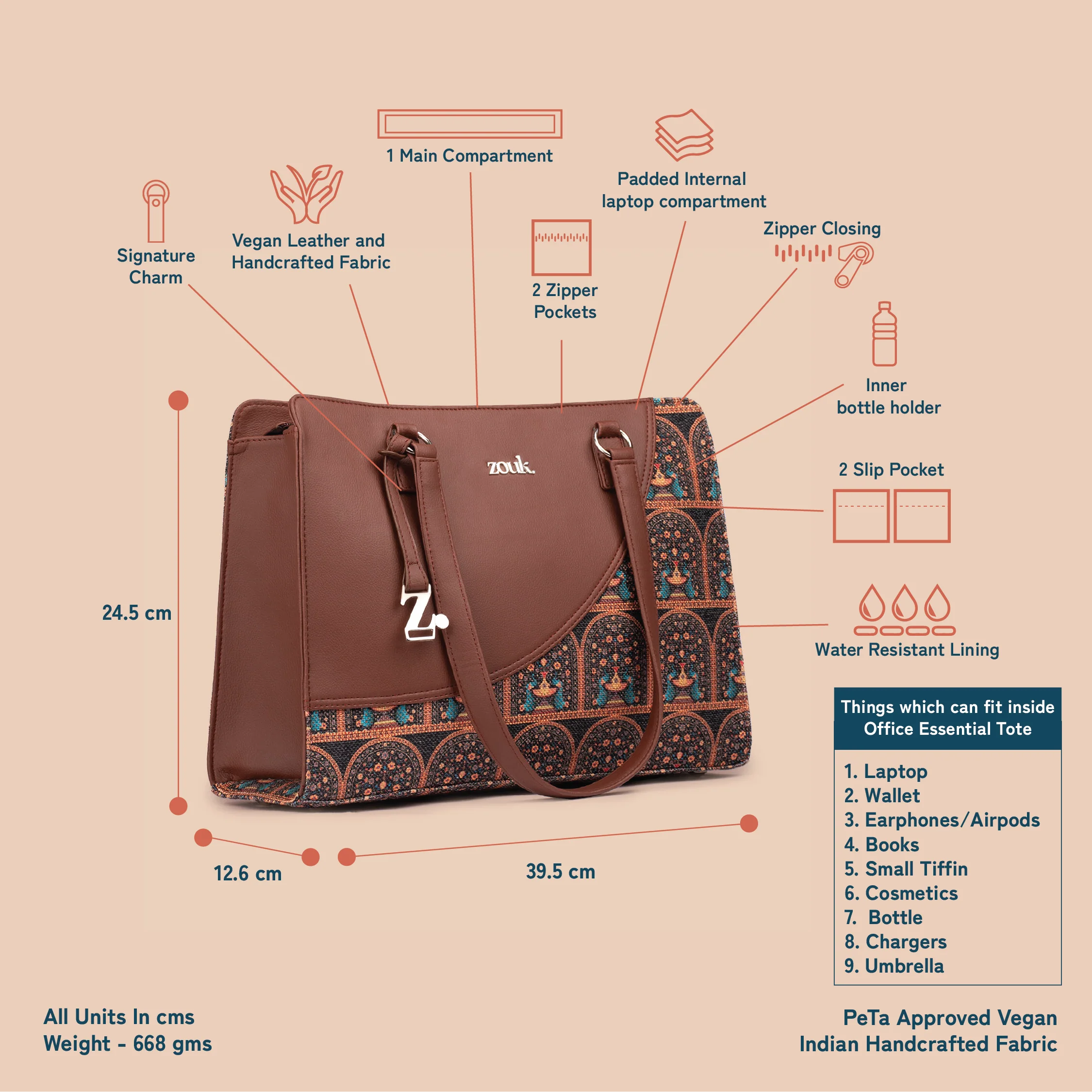 Royal Indian Peacock Motif Office Essential Bag - Image 5