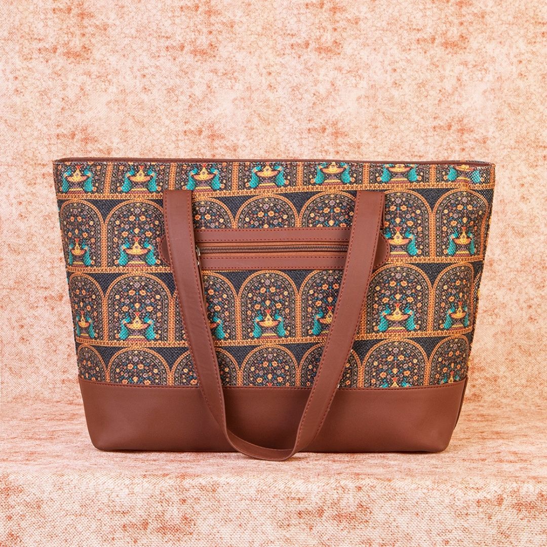 Royal Indian Peacock Motif Shoulder Tote Bag - Image 2