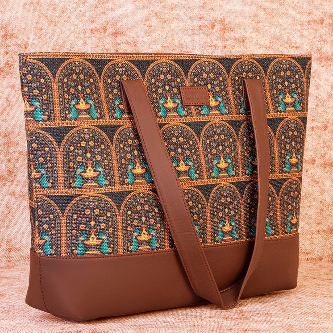 Royal Indian Peacock Motif Shoulder Tote Bag - Image 3