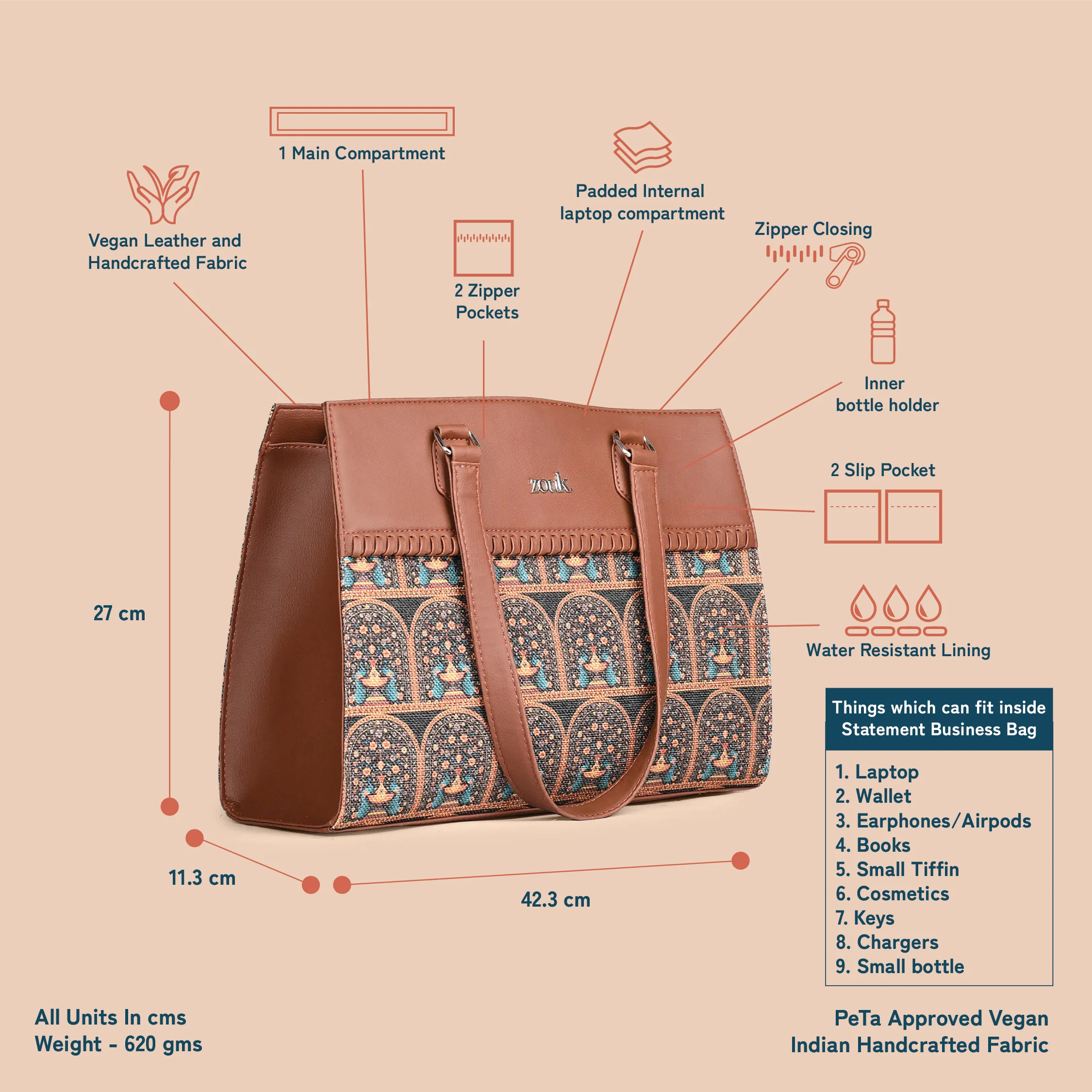 Royal Indian Peacock Motif Statement Business Bag - Image 5