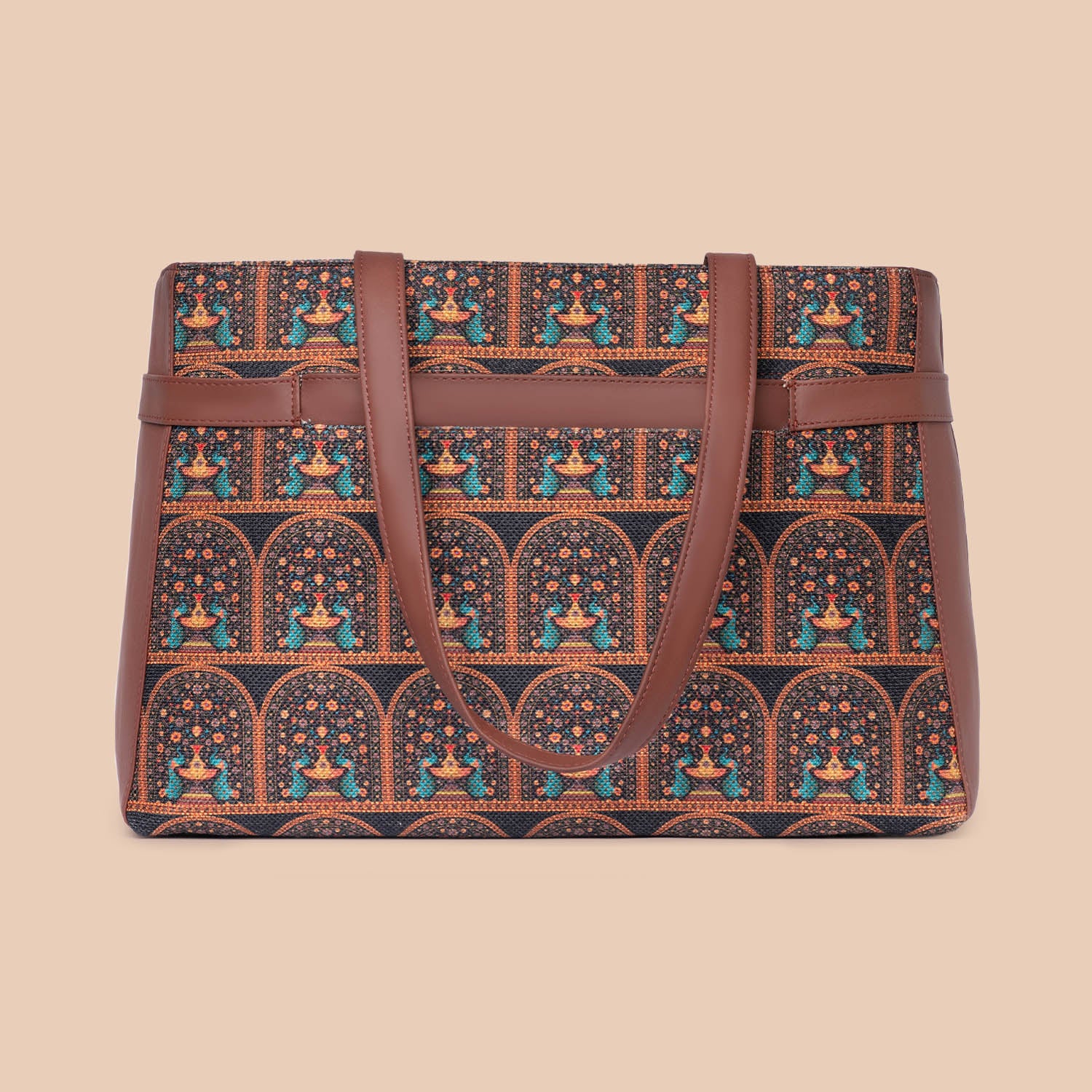 Royal Indian Peacock Motif - Statement Office Bag & Regular Sling Bag Combo - Image 3