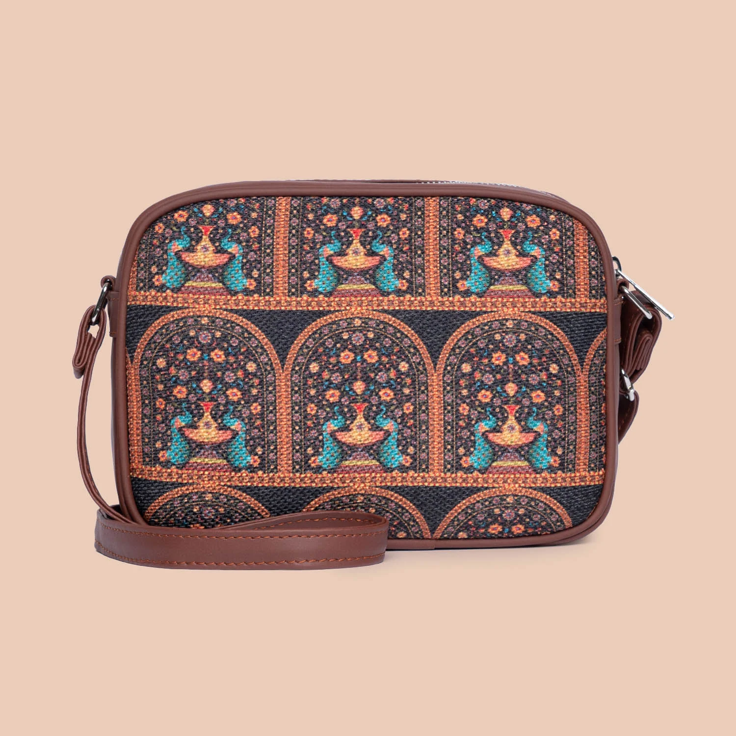 Royal Indian Peacock Motif - Statement Office Bag & Regular Sling Bag Combo - Image 7