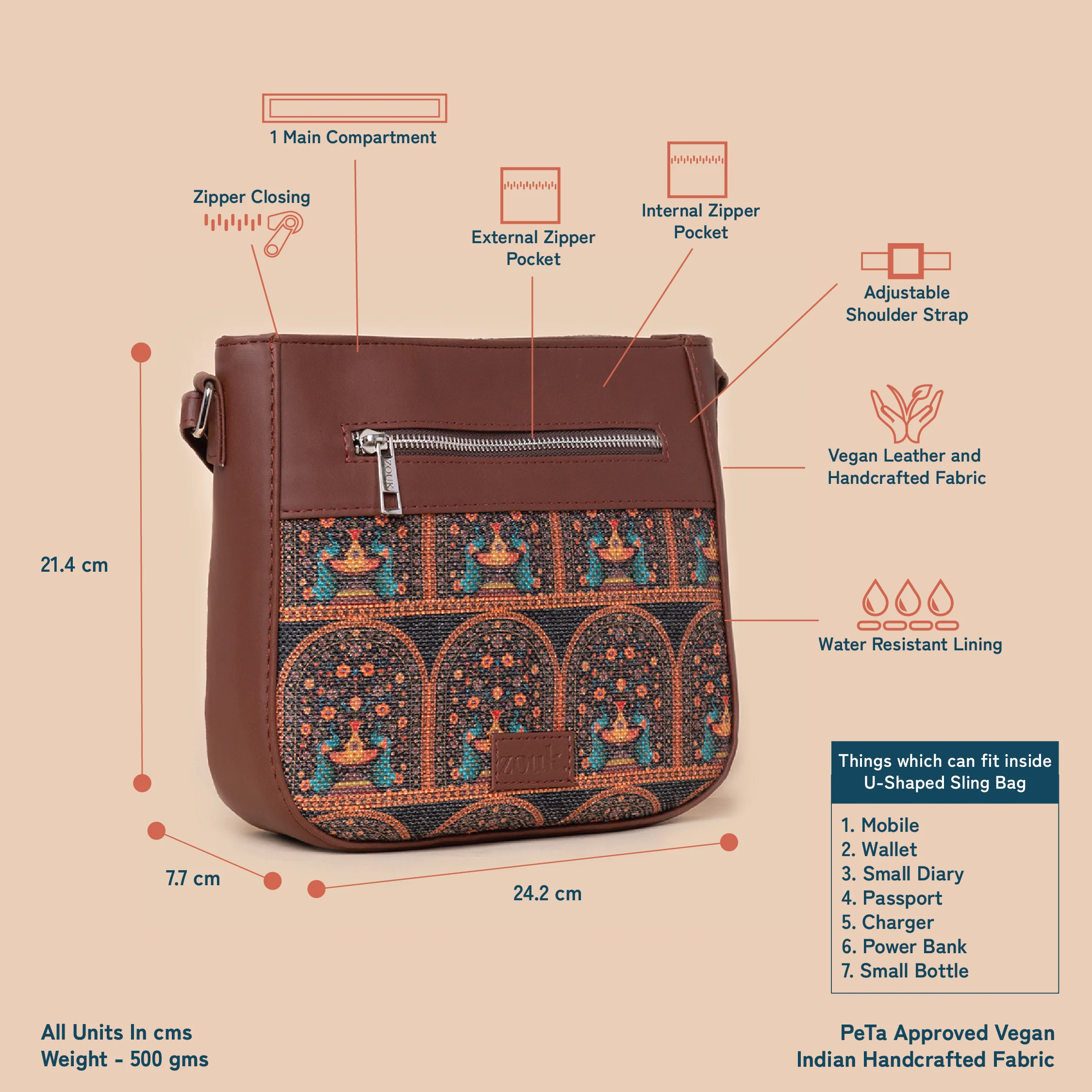Royal Indian Peacock Motif U-Shaped Sling Bag - Image 5