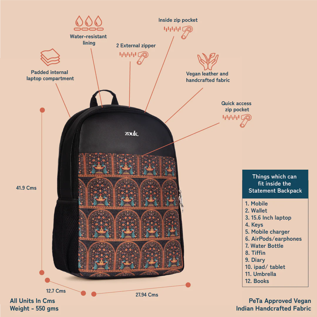 Royal Indian Peacock Motif Statement Backpack - Image 3