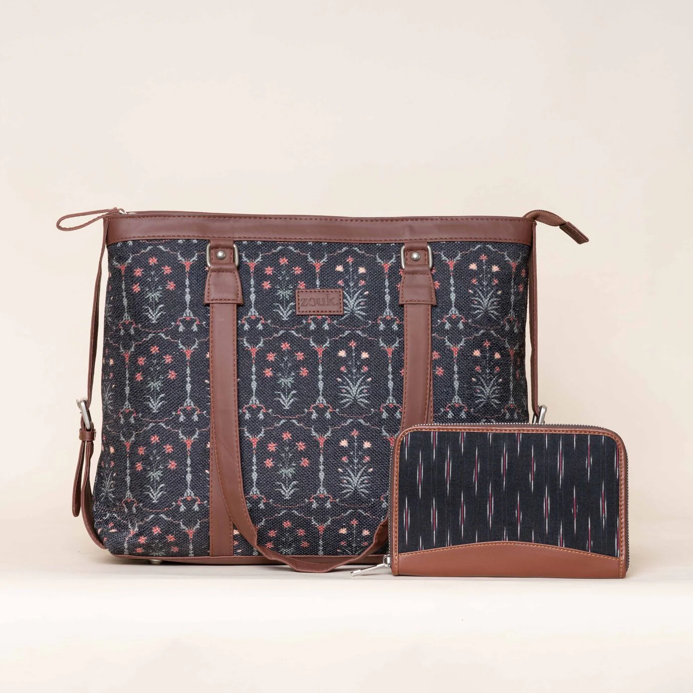 Taj Guldasta and Ikat GreRed - Office Bag & Chain Wallet Combo
